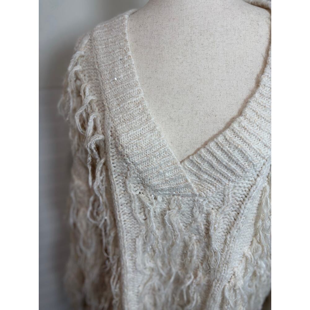 Anthropologie Fringed Pullover Sweater Oversized Ivory BOHO Shaggy Fringe Detail - Picture 8 of 13